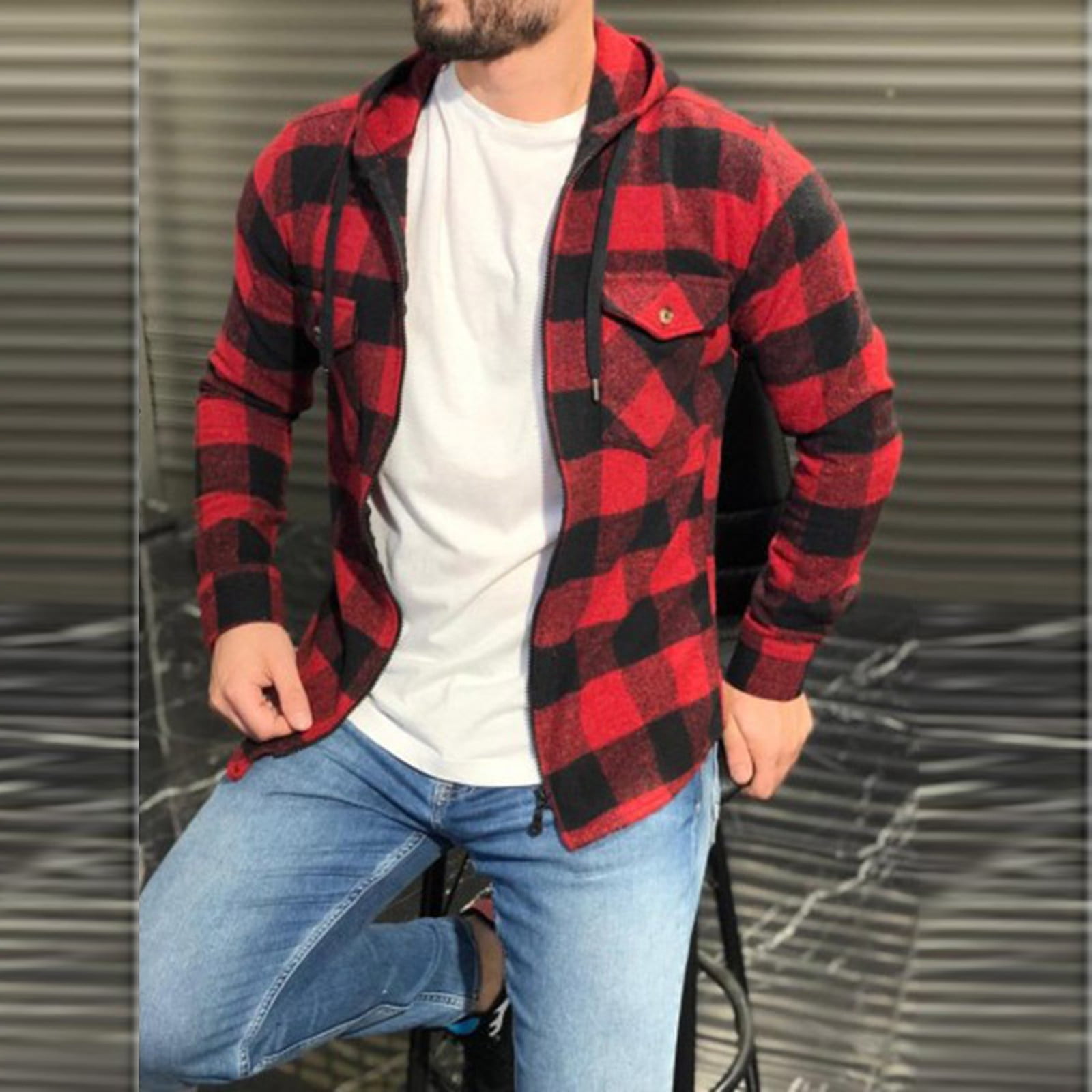 cllios Mens Flannel Shirts Clearance Plaid Hoodies Streetwear Button Down Shirt Jacket Regular