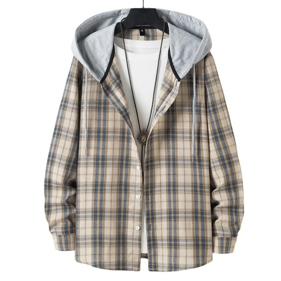 cllios Mens Flannel Shirts Long Sleeve Plaid Hoodie Jacket Fall Button Down Shirt Jacket Lightweight Work Shirt Regular Fit Shirt Jackets Khaki M