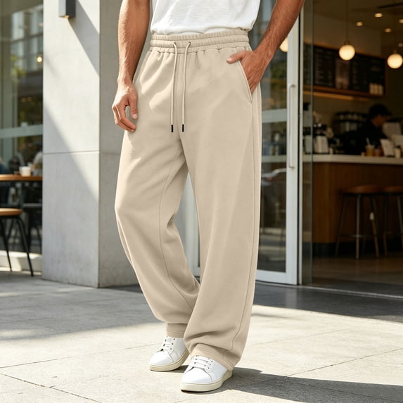cllios Mens Fleece Baggy Sweatpants Wide Leg Barrel Sweat Pants Lightweight Travel Pants Streetwear with Pockets Khaki S-XXXL