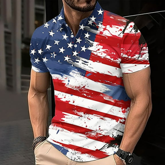 cllios Mens Golf Shirts,4th of July Stars and Stripes Graphic Tees Comfortable Button Up Golf Shirts Independence Day Short Sleeve Muscle Shirt
