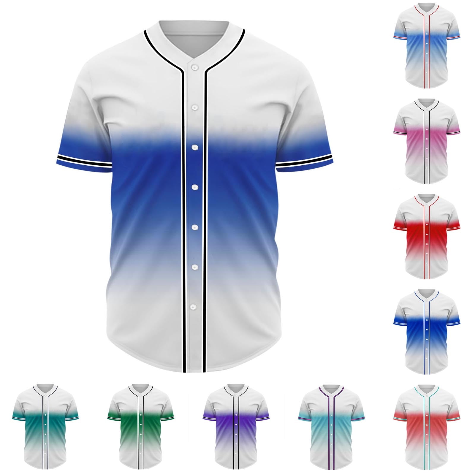 cllios Mens Gradient Baseball Shirts Big and Tall Casual Button Down Short Sleeve Tees Casual Stand Collar T Shirts for Men