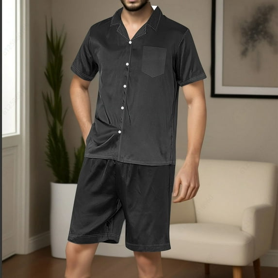 cllios Mens Gradint Pajama Sets Stain Silk Matching Pjs Sets Button Down Sleepwear 2 Piece Short Sleeve Loungewear with Shorts
