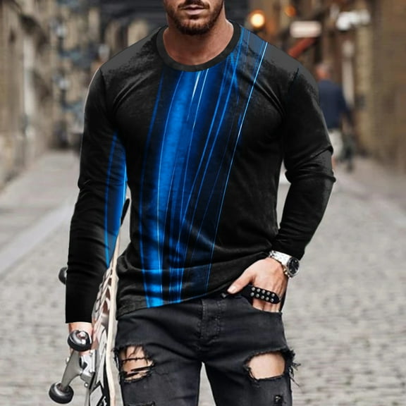 cllios Mens Graphic Tee Big and Tall 3D Optical Line Printed Tee Shirt Lightweight Long Sleeve Shirt Casual Crew Neck Workout Pullover Tee Men's Muscle Shirts