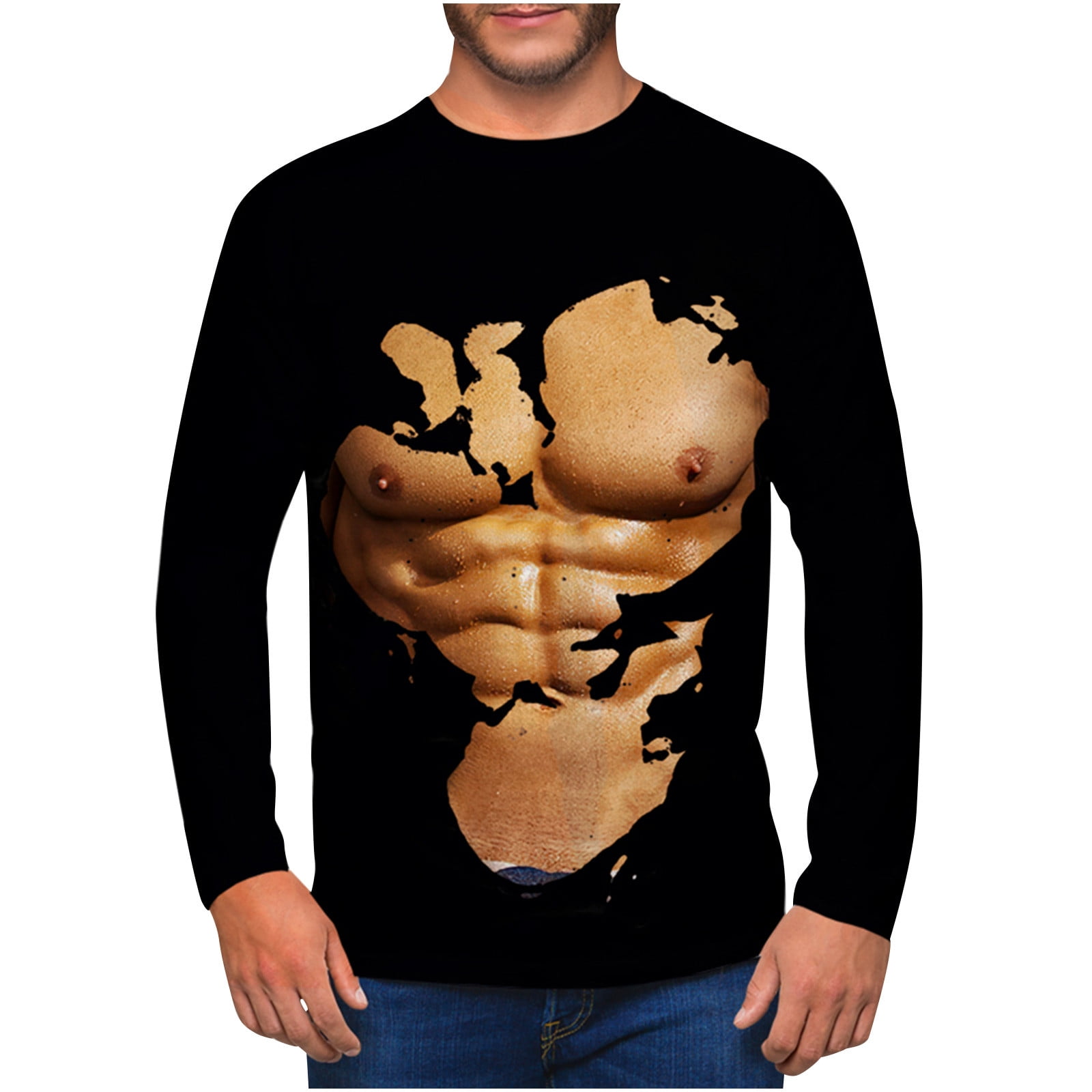 cllios Mens Graphic Tees Clearance 3D Muscle Print Long Sleeve Shirts Fitness Pullover Top
