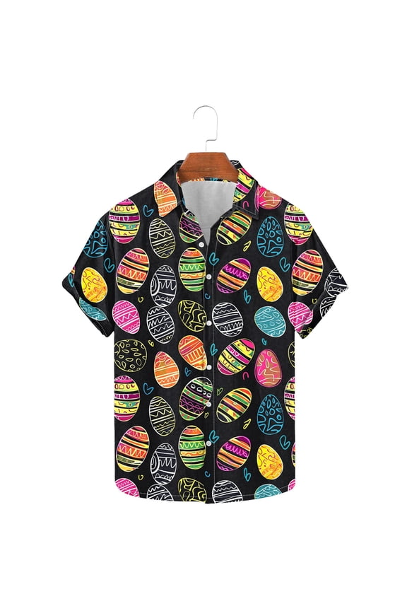 Mens Hawaiian Shirts Happy Easter Casual Button Down Holiday Tshirt Cute Egg Printed Summer Beach T-Shirt Regular Fit Short Sleeve Party Tops