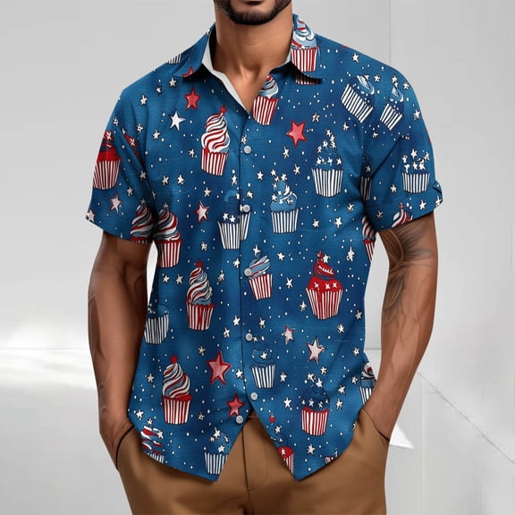 cllios Mens Hawaiian Shirts Regular Fit Short Sleeve Casual Button Down Patriotic Shirts 4th of July Red White and Blue Printed Beach Tops