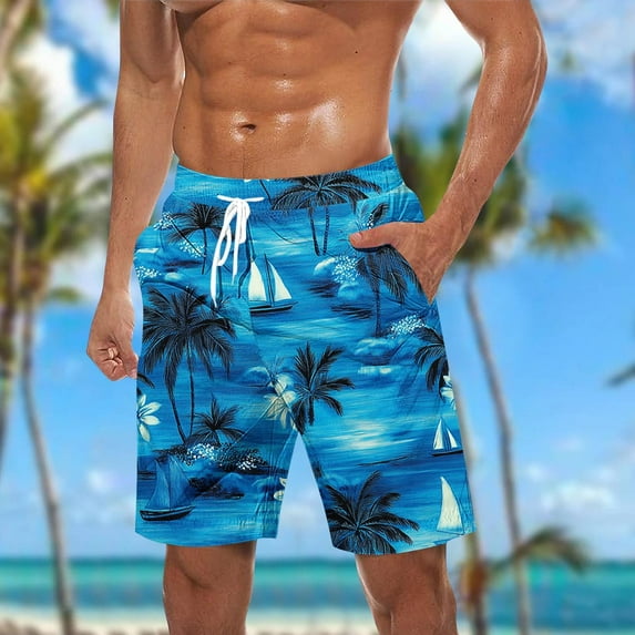 cllios Mens Hawaiian Shorts Big and Tall Swim Trunks Palm Tree Tropical Printed Beach Shorts with Pockets Breathable Quick Dry Surfing Board Shorts