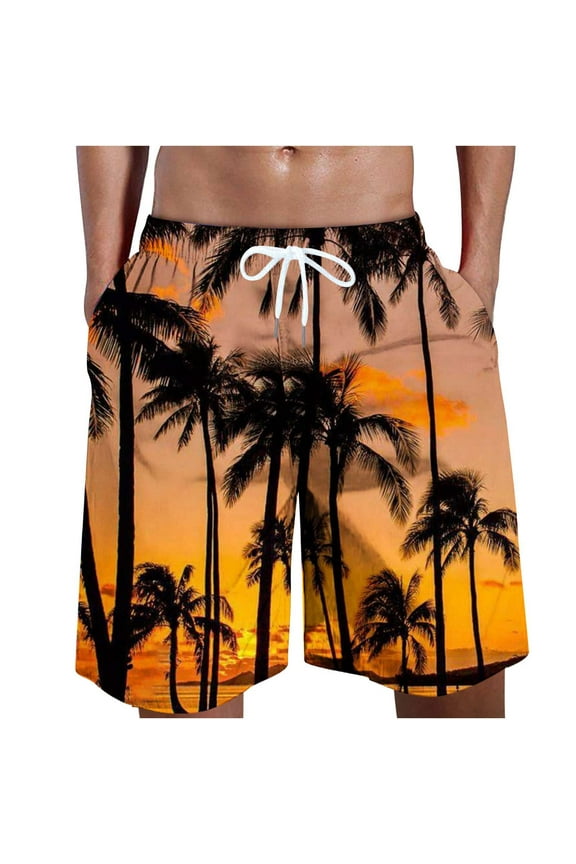 Mens Hawaiian Shorts Summer Tropical Swim Trunks Big and Tall Drawstring Board Shorts Lightweight Elastic Waist Quick Drying Beach Shorts Swimwear Yellow L