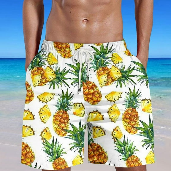 cllios Mens Hawaiian Swim Trunks Big and Tall Quick Dry Drawstring Board Shorts Lightweight Elastic Waist Beach Shorts Funny Pineapple Printed Swimwear Bathing Suits