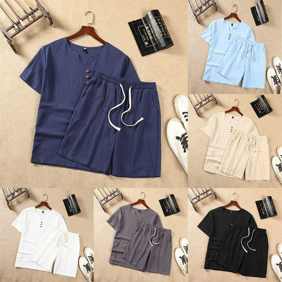 cllios Mens Henley Sets Cotton Linen 2 Piece Outfits Slim Fit Short Sleeve Henley Tshirts and Drawstring Shorts Summer Beach Vacation Sets
