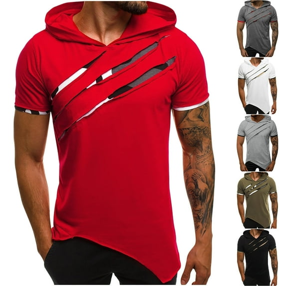 cllios Mens Hip Hop Ripped Hoodie Tops Short Sleeve Hooded Workout Sweatshirts Casual Athletic Hoodies T-Shirt Pullover