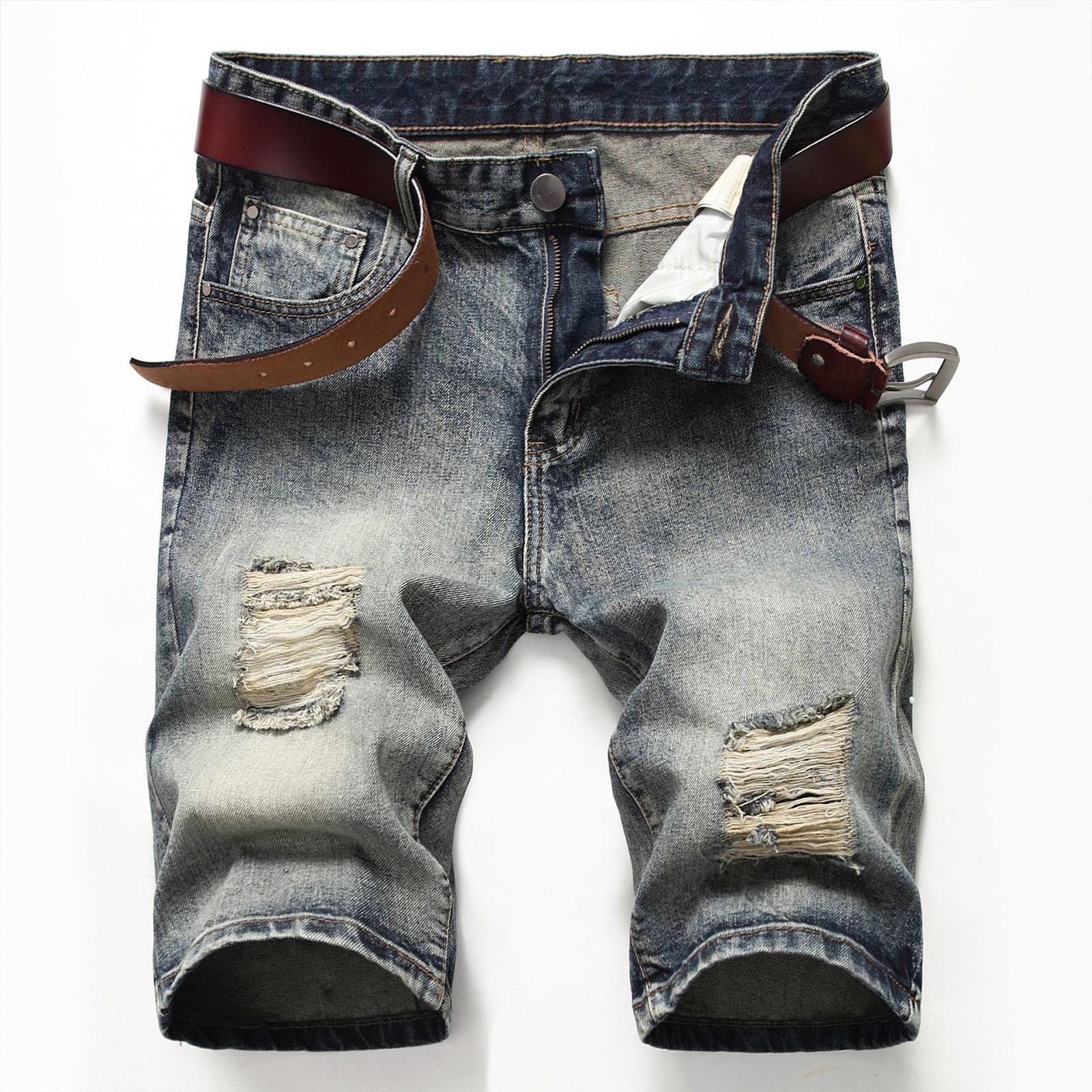 Hzcx Fashion Men's Vintage Ripped Patchwork Denim Shorts - Slim Fit Distressed Jean Shorts (Size 34)