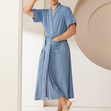 cllios Mens Lightweigt Robe Short Sleeve V Neck Bathrobe Cozy Male Full Length Spa Bathrobes with Pockets & Belt Pajamas Nightwear
