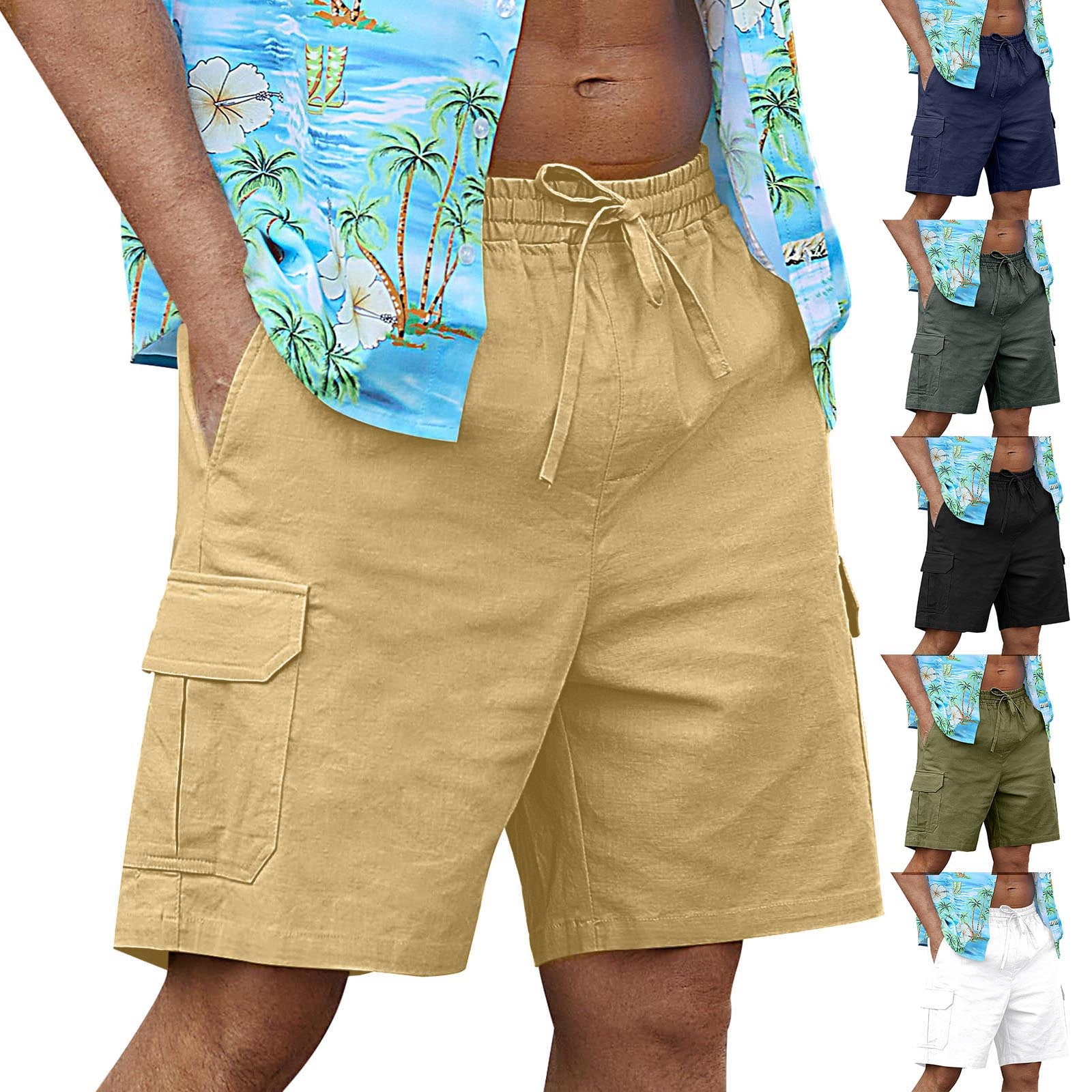 cllios Mens Linen Cargo Shorts Casual Drawstring Shorts Relaxed Summer ...