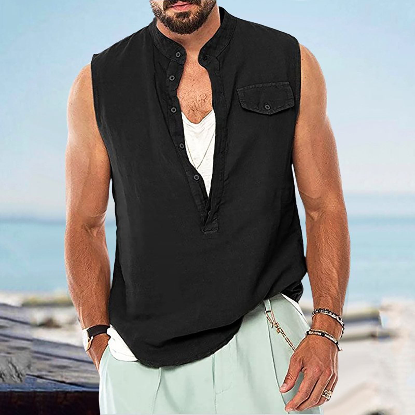cllios Mens Linen Casual Cotton Sleeveless T-Shirts Summer Beach Hippie  Deep V Neck Tank Tops Button Down Punk Tunic Blouse 