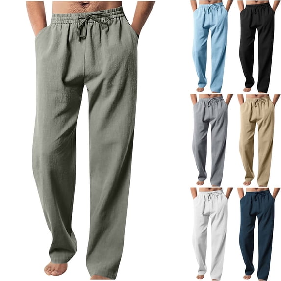 cllios Mens Linen Pants Breathable Lightweight Big and Tall Pants Elastic Waist Drawstring Wide Leg Straight Trouser with Pockets