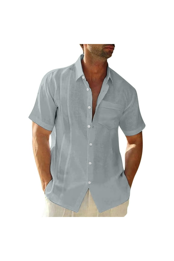 Mens Linen Shirts Guaybera Cuban Short Sleeve Tshirts Casual Button Down T Shirts Regular Fit Lapel Beach Tops Summer Holiday Camp Shirt