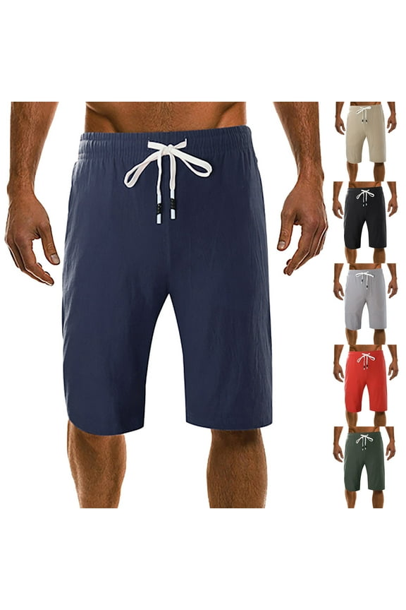 Mens Linen Shorts Big and Tall Long Shorts for Men Knee Length 3/4 Pants Elastic Waist Drawstring Sports Capri Pants