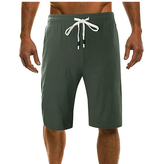 cllios Mens Linen Shorts Classic Solid Color Beach Shorts Big and Tall Drawstring Elastic Waist Pocket Capri Pants Army Green 2XL