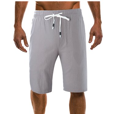 cllios Mens Linen Shorts Classic Solid Color Beach Shorts Big and Tall Drawstring Elastic Waist Pocket Capri Pants Gray L