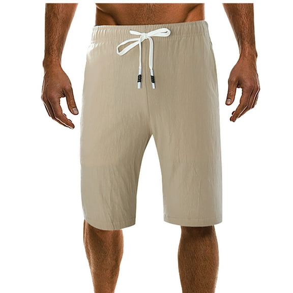cllios Mens Linen Shorts Classic Solid Color Beach Shorts Big and Tall Drawstring Elastic Waist Pocket Capri Pants Khaki 3XL