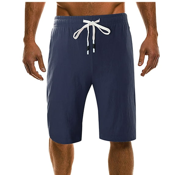 cllios Mens Linen Shorts Classic Solid Color Beach Shorts Big and Tall Drawstring Elastic Waist Pocket Capri Pants Navy 5XL