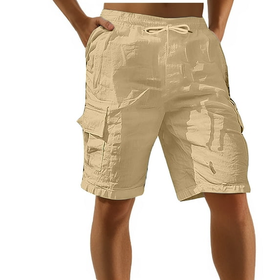 cllios Mens Linen Shorts Summer Casual Work Shorts Gym Beach Cargo Shorts with Multi Pockets Cargo Shorts for Men Under $10 Khaki,XL