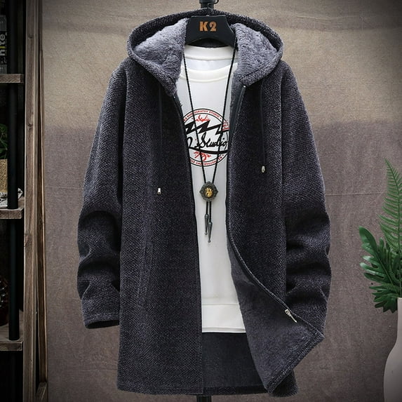 cllios Mens Long Cardigan Hoodies Full Zip Fleece Lined Sweaters Open Front Lightweight Hooded Knitted Cardigan Sweater Winter Warm Coats with Pockets