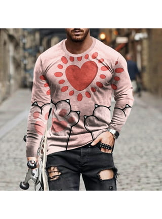 cllios Long Sleeve Shirts for Men 3D Heart Graphic Tee Casual Plus Size  Crew Neck Tops Novelty Designer T Shirts for Valentine's Day 