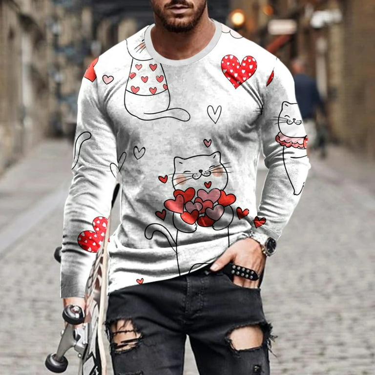 cllios Mens Long Sleeve Shirts 3D Paw Graphic Tee Street Fashion Crew Neck  Tops Novelty Designer T Shirts for Valentine's Day