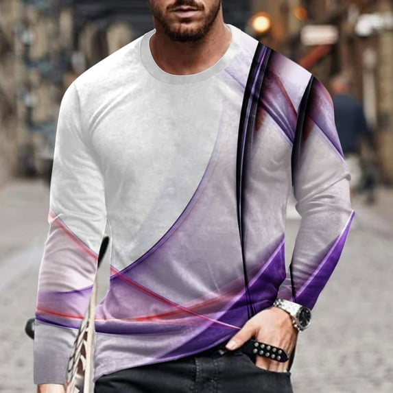 cllios Mens Long Sleeve Shirts Line Print 3D T-Shirt Casual Graphic Tees Crewneck Tops Fall Fashion Athletic Sweatshirt Sports Pullover Purple XXXL