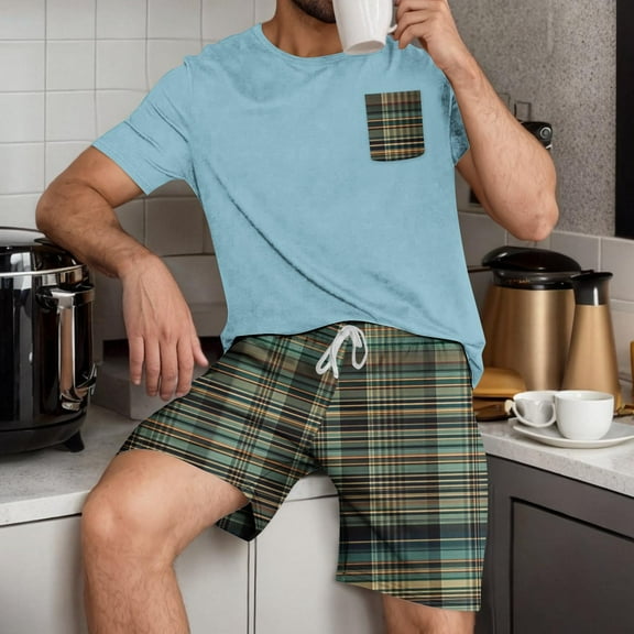 cllios Mens Lounge Sets Summer Short Sleeve Pajamas Set Classic Plaid Sleepwear 2 Piece Shorts Outfits Pjs Sets