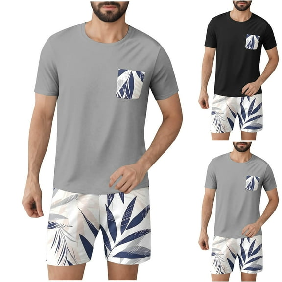 cllios Mens Pajama Set Short Sleeve Sleepwear Summer Palm Tree Printed Loungewear Lightweight Pjs Set 2 Piece Nightwear with Pocket