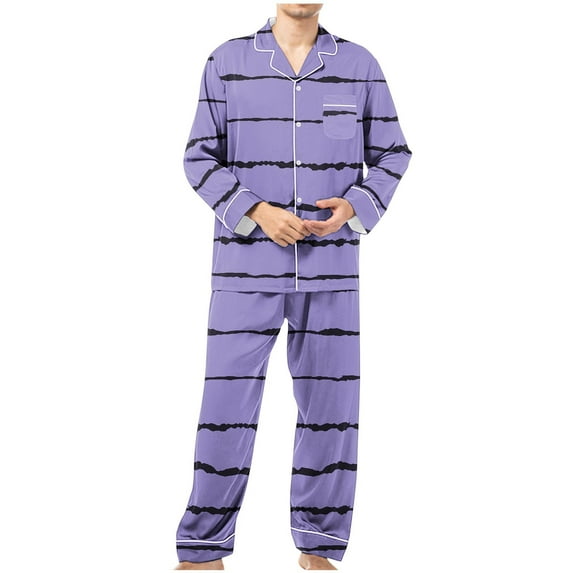cllios Mens Pajamas Set Soft Notched Collar Pajamas for Men Stripes Long Sleeve Mens Sleepwear with Pockets