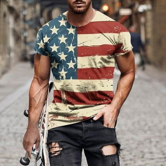 cllios Mens Patriotic Shirts 4th of July Distressed American Flag T Shirts Independence Day Red White and Blue Graphic Tee Short Sleeve Round Neck Muscle Tshirt Tops