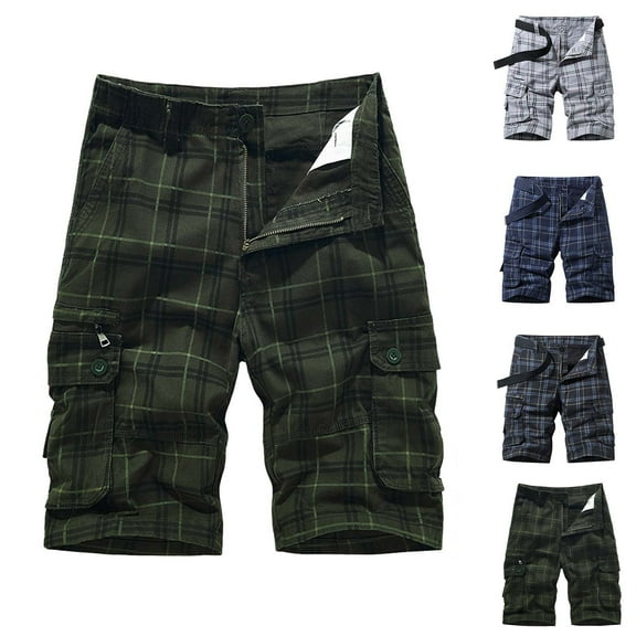 cllios Mens Plaid Cargo Shorts Big and Tall Vintage Checkered Printed Outdoor Hiking Work Shorts Multi Pockets Knee Length Cotton Short Pants (No Belt)