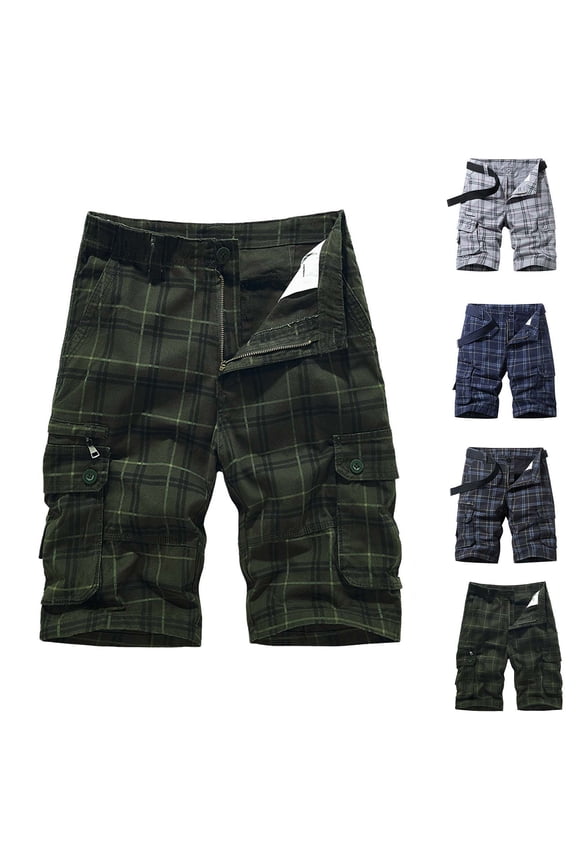 Mens Plaid Cargo Shorts Big and Tall Vintage Checkered Printed Outdoor Hiking Work Shorts Multi Pockets Knee Length Cotton Short Pants (No Belt)