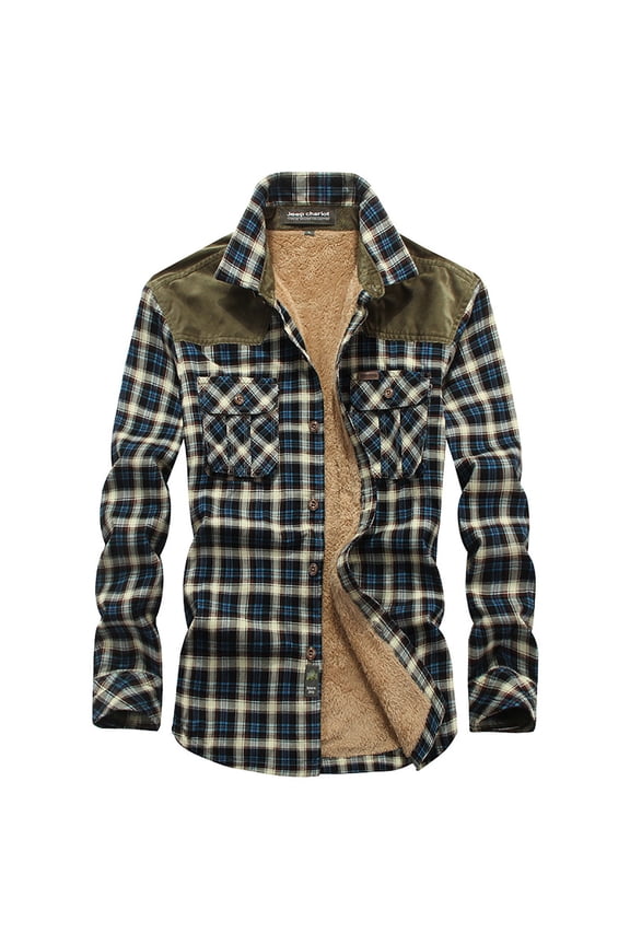 Mens Plaid Flannel Shirt Jacket Sherpa Fleece Lined Warm Coat Regular Fit Button Down Lapel Long Sleeve Jackets Winter Thicken Thermal Outerwear