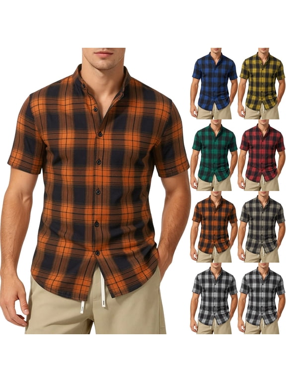 Mens Plaid Short Sleeve Button Down Shirts Regular Fit Casual Gingham Shirts