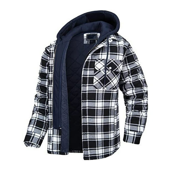 cllios Mens Quilted Lined Flannel Hooded Jacket Plaid Button Down Shirts Zipper Hoodie Jacket Big and Tall Windproof Outdoor Work Shacket Jackets