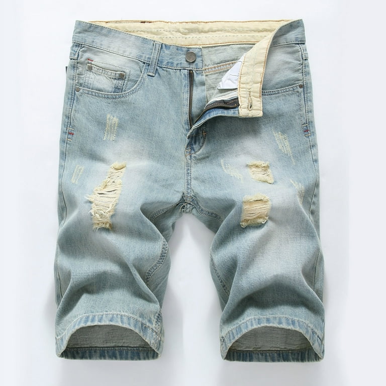 cllios Mens Ripped Denim Shorts Big and Tall Distressed Jean Shorts Straight Leg Classic Stretchy Zipper Denim Shorts with Pocket