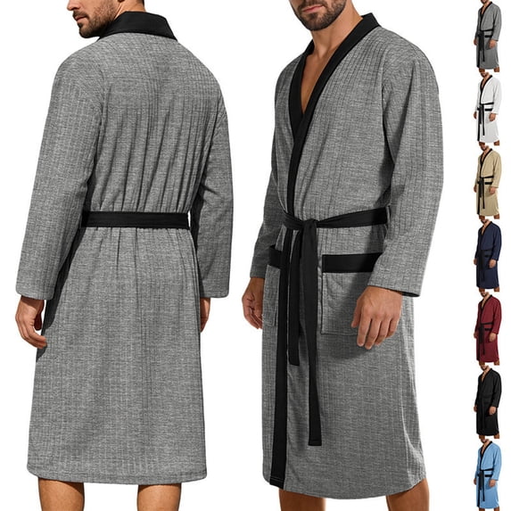 cllios Mens Robe Ribbed Knit Bathrobe Mid Length Lightweight Soft Knitted Bath Robe for Loungewear Sleepwear with Pockets Black L
