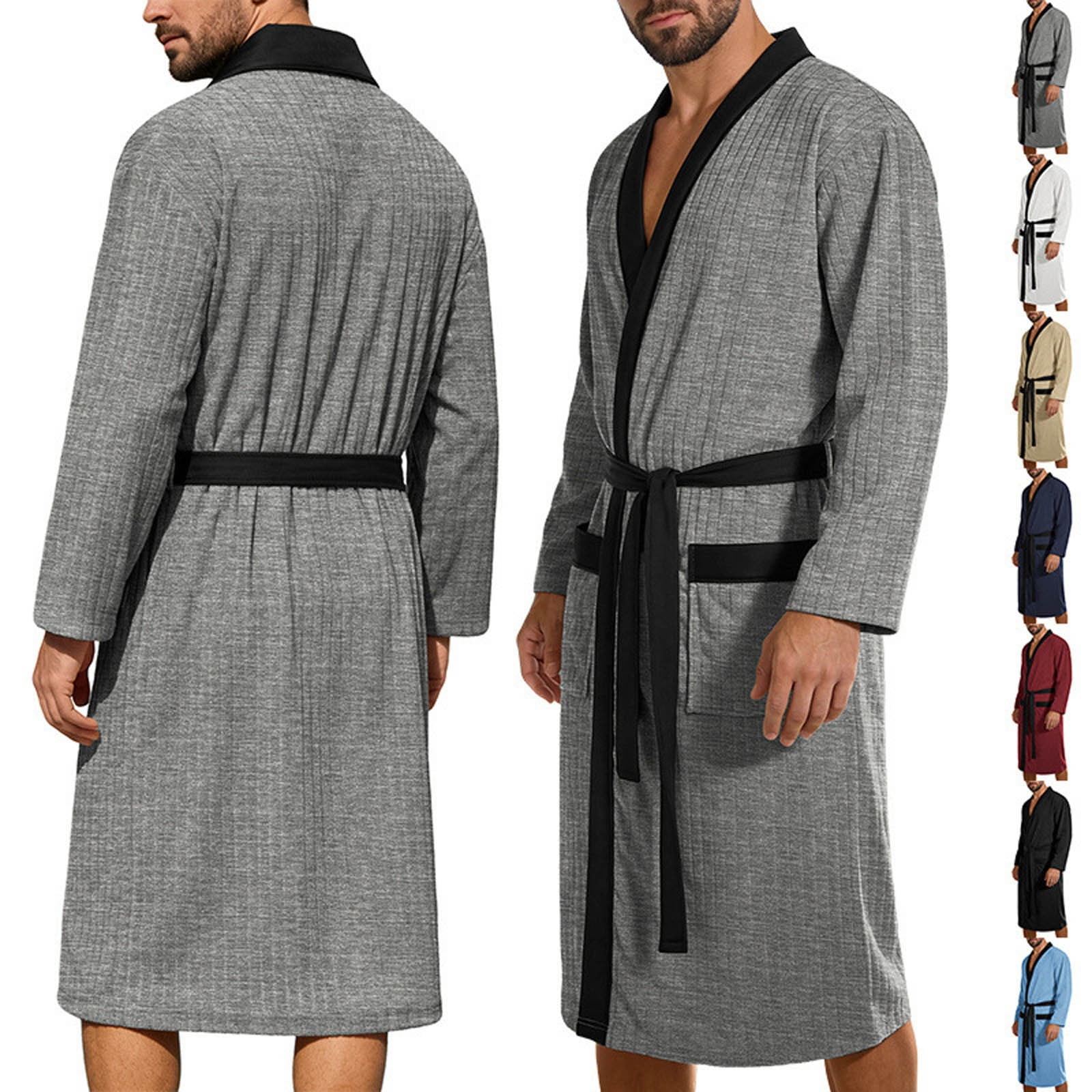cllios Mens Robe Ribbed Knit Bathrobe Mid Length Lightweight Soft ...
