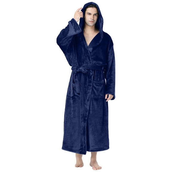 cllios Mens Robes with Hood Big and Tall Fuzzy Warm Bathrobe Fleece Solid Shawl Collar Loungewear Winter Plush Full Length Bathrobe