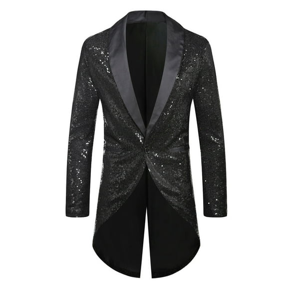 cllios Mens Sequin Tuxedo Jacket Tails Slim Fit Tailcoat Dress Blazer Swallowtail Dinner Party Wedding Blazer One Button Suit Jacket Black XXL