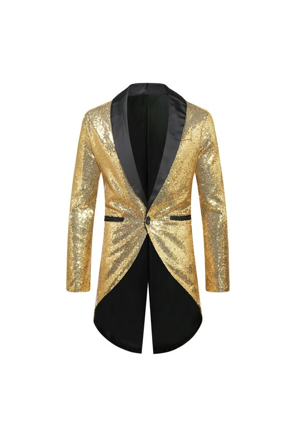 Mens Sequin Tuxedo Jacket Tails Slim Fit Tailcoat Dress Blazer Swallowtail Dinner Party Wedding Blazer One Button Suit Jacket Gold M