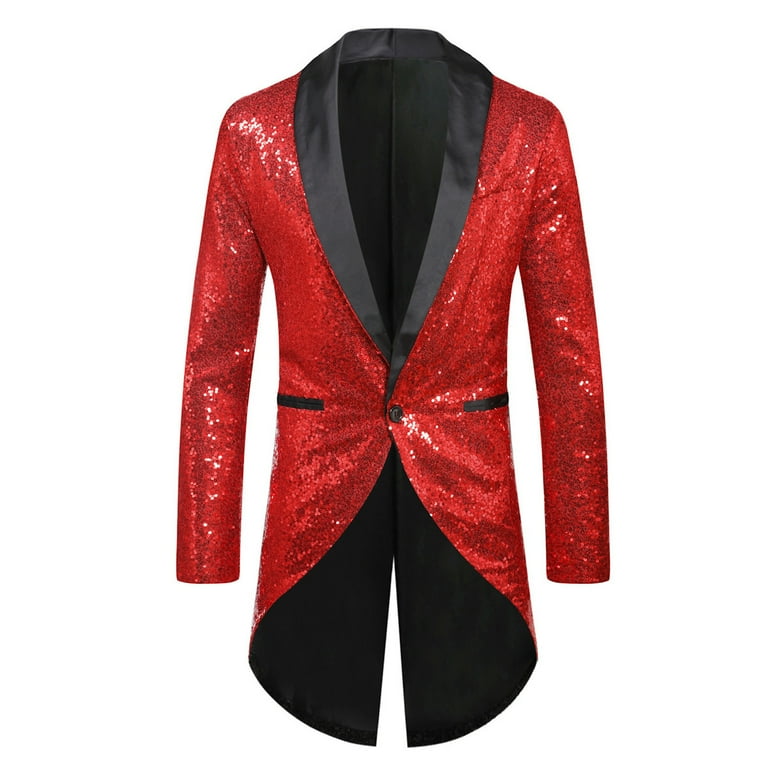 cllios Mens Sequin Tuxedo Jacket Tails Slim Fit Tailcoat Dress