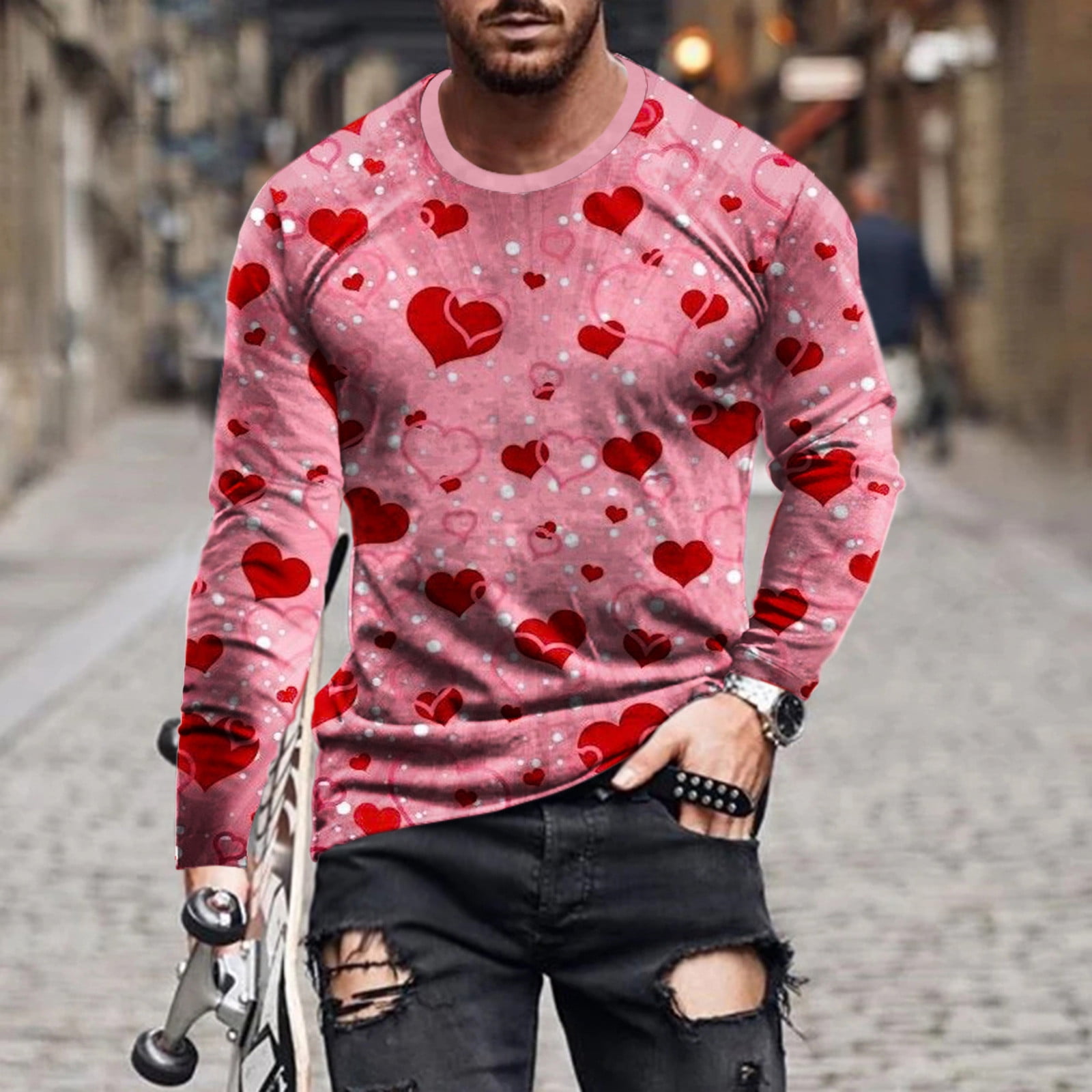 cllios Mens Shirts Long Sleeve Heart Print Graphic Tee Big & Tall Casual  Crew Neck Tops Novelty Trendy T Shirts for Valentine's Day 