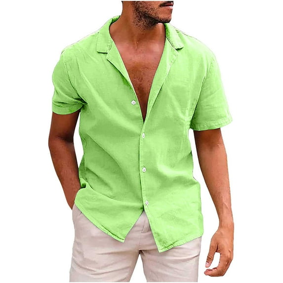 cllios Mens Short Sleeve Cuban Camp Shirt Linen Cotton Hippie Beach Button Down Shirts Classic Solid Summer Beach T Shirts