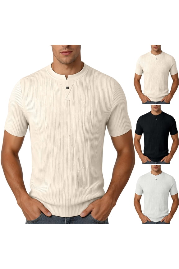 Mens Short Sleeve T-Shirts Ribbed Knit Notch Neck Slim Fit Soft Lightweight T Shirts Solid Casual Summer Tops for Daily Wear